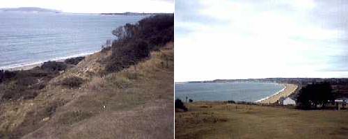 Rocks falling down the cliff at Bowleaze Cove and the view from the clifftop towards Overcombe